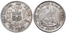 Chile. 1 peso. 1883. Santiago. (Km-142.1). Ag. 24,93 g. Minor nick on edge. XF/Almost XF. Est...70,00. 

Spanish description: Chile. 1 peso. 1883. S...