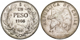 Chile. 1 peso. 1905. Santiago. (Km-152.2). Ag. 19,76 g. Choice VF. Est...30,00. 

Spanish description: Chile. 1 peso. 1905. Santiago. (Km-152.2). Ag...