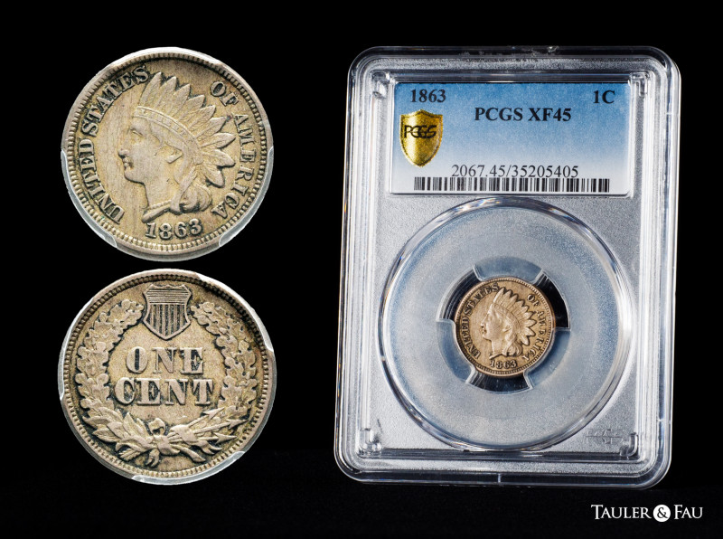 United States. 1 cent. 1863. (Km-90). Encapsulated by PCGS as XF45. PCGS-XF. Est...