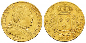 France. Louis XVIII. 20 francs. 1815. Paris. A. (Km-706.1). (Gad-1026). Au. 6,43 g. Choice VF. Est...320,00. 

Spanish description: Francia. Louis X...