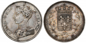 France. Henriy V. 5 francs. 1831. (Km-35). (Gad-651). Ag. 24,63 g. Beautiful patina. AU/Almost MS. Est...600,00. 

Spanish description: Francia. Hen...
