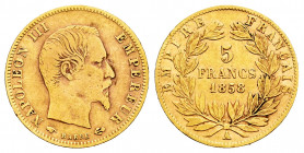 France. Napoleon III. 5 francs. 1858. Paris. A. (Km-787.1). Au. 1,60 g. F. Est...70,00. 

Spanish description: Francia. Napoleón III. 5 francs. 1858...