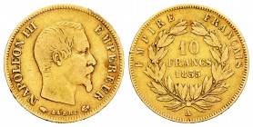 France. Napoleon III. 10 francs. 1855. Paris. A. (Km-784.3). (Fried-576a). Au. 3,15 g. Choice F. Est...150,00. 

Spanish description: Francia. Napol...