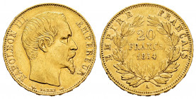 France. Napoleon III. 20 francs. 1854. Paris. A. (Km-781.1). (Gad-1061). Au. 6,40 g. Choice VF. Est...300,00. 

Spanish description: Francia. Napole...