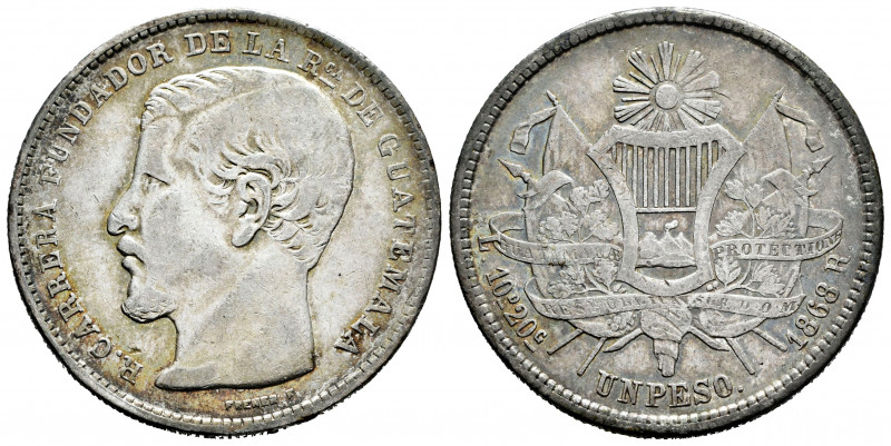 Guatemala. 1 peso. 1868. R. (Km-186.1). Ag. 24,34 g. Almost VF. Est...30,00. 
...