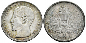 Guatemala. 1 peso. 1868. R. (Km-186.1). Ag. 24,34 g. Almost VF. Est...30,00. 

Spanish description: Guatemala. 1 peso. 1868. R. (Km-186.1). Ag. 24,3...