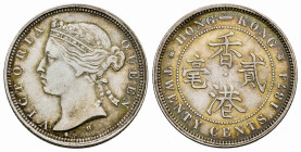 Hong Kong. Victoria Queen. 20 cents. 1874. (Km-7). Ag. 5,40 g. Almost XF. Est...60,00. 

Spanish description: Hong Kong. Victoria. 20 cents. 1874. (...