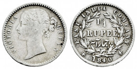 British India. Victoria Queen. 1/4 rupee. 1840. (Km-453.1). Ag. 2,88 g. Choice F/Almost VF. Est...20,00. 

Spanish description: India Británica. Vic...