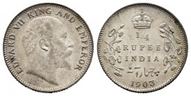 British India. Edward VII. 1/4 rupee. 1903. Calcutta. (Km-506). Ag. 2,93 g. Original luster. Soft tone. Almost MS. Est...40,00. 

Spanish descriptio...