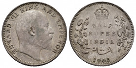 British India. Edward VII. 1/2 rupee. 1905. Calcutta. (Km-507). Ag. 5,85 g. Delicate patina. Very rare. Almost XF. Est...300,00. 

Spanish descripti...