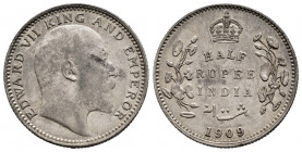 British India. Edward VII. 1/2 rupee. 1909. Calcutta. (Km-507). Ag. 5,85 g. Delicate patina. Rare. Almost XF. Est...150,00. 

Spanish description: I...