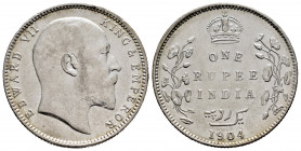 British India. Edward VII. 1 rupee. 1904. Mumbai. (Km-508). (Pridmore-200). Ag. 11,62 g. Cleaned. Numerous marks. Choice VF. Est...20,00. 

Spanish ...
