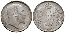 British India. Edward VII. 1 rupee. 1905. Calcutta. (Km-508). (Pridmore-191). Ag. 11,67 g. With some original luster remaining. Delicate patina. Scarc...