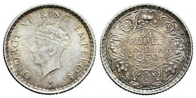 British India. George VI. 1/4 rupee. 1939. Calcutta. (Km-544). Ag. 2,95 g. Soft tone. XF. Est...20,00. 

Spanish description: India Británica. Georg...