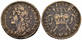 Ireland. James II. 1/2 crown. 1689 October. Dublín. (SCBI-22, Cop 435). Ae. 13,97 g. Choice VF. Est...20,00. 

Spanish description: Irlanda. James I...