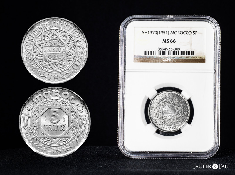 Morocoo. Mohamad V. 5 francs. 1370 H (1951). (Km-Y48). Al. Slabbed by NGC as MS ...