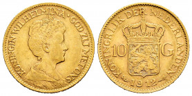 Low Countries. Wilhelmina. 10 gulden. 1912. (Km-149). Au. 6,70 g. Choice VF. Est...320,00. 

Spanish description: Países Bajos. Wilhelmina. 10 gulde...