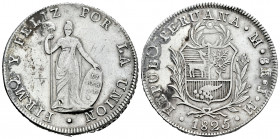 Peru. 8 reales. 1825. Lima. JM. (Km-142.1). Ag. 26,74 g. Plugged hole. Rare. VF. Est...60,00. 

Spanish description: Perú. 8 reales. 1825. Lima. JM....