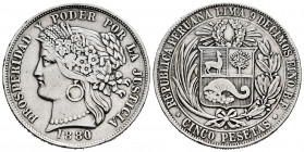 Peru. 5 pesetas. 1880. Lima. BF. (Km-201.1). Ag. 24,69 g. Minor nicks on edge. VF. Est...90,00. 

Spanish description: Perú. 5 pesetas. 1880. Lima. ...