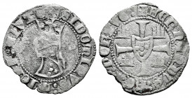Portugal. D. Fernando I (1367-1383). 1/2 barbuda. Porto. (Ferraro79 p71). (Gomes-26.01). Ve. 1,45 g. Crowned helmet with shield. P back. Cross quarter...
