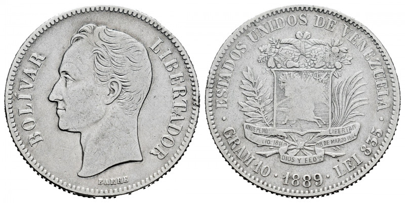 Venezuela. 2 bolivares. 1889. Caracas. (Y-23). Ag. 9,92 g. Rare. Almost VF/Choic...