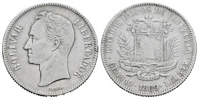 Venezuela. 2 bolivares. 1889. Caracas. (Y-23). Ag. 9,92 g. Rare. Almost VF/Choice F. Est...90,00. 

Spanish description: Venezuela. 2 bolívares. 188...