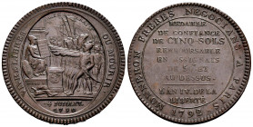 France. Medal of trust of 5 soles. 1792. Soho (Birmingham). (Km-Tn31). (Gad-1.5). Ae. 29,45 g. Federation Day Oath scene July 14, 1790. Almost XF. Est...