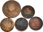 Argentina. Lot of 5 coins from Argentina. Containing 5/10 Real 1828 (2), 1830, 1831 and 20/10 Real 1831. Some rare. Ae. TO EXAMINE. Almost F/Choice F....