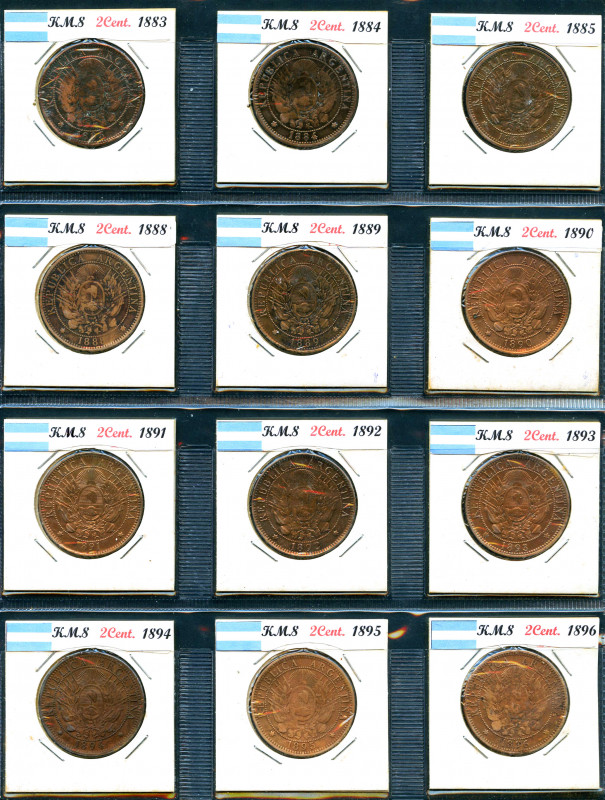 Argentina. Set of 12 coins of 2 Cents of the following dates: 1883, 1884, 1885, ...