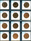 Argentina. Set of 12 coins of 2 Cents of the following dates: 1883, 1884, 1885, 1888, 1889, 1890, 1891, 1892, 1893, 1894, 1895 and 1896. (Km-33). Ae. ...