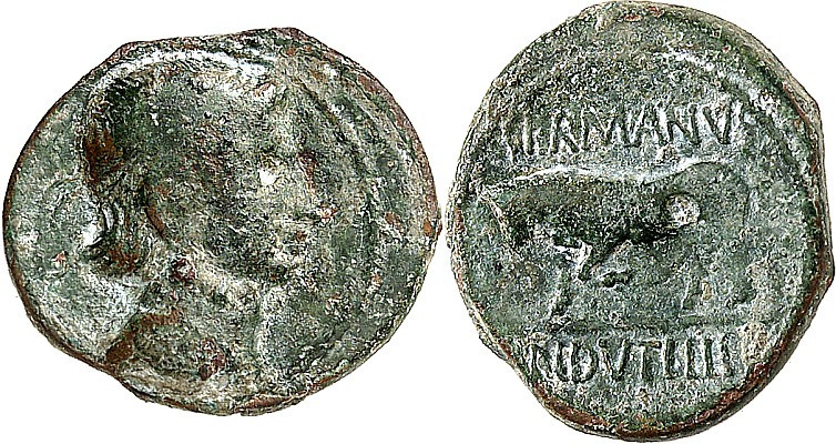 GERMANIEN. 
TREVERER. 
Germanus Indutilli L(ibertus) um 10 v.Chr. AE-Quadrans ...