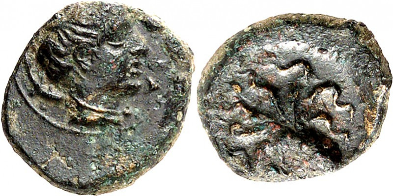 SIZILIEN. 
SYRAKUS (Siracusa). 
AE-13/11mm (um 405 v.Chr.) 1,34g. Kopf der Nik...