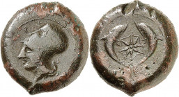 SIZILIEN. 
SYRAKUS (Siracusa). 
AE-Drachme 32/29mm (400/367 v.Chr.) 33,88g. Athenakopf n.l. [ SV]PA / Kompassqualle zw. 2 Delfinen. SNG ANS&nbsp; 45...