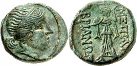 THRAKIEN. 
STÄDTE. 
MESEMBRIA (Nesebar). AE-Tetrachalkon 19mm (200/100 v.Chr.) 6,79g. Weibl. Kopf m.Diadem n.r. / MESAM-BRIANWN Athena promachos n.l...