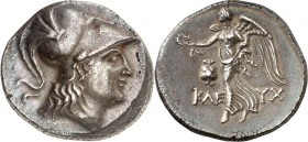 PAMPHYLIEN. 
STÄDTE. 
SIDE. Tetradrachmon (um 190/170 v.Chr.) 16,34g, Kleuchares. Kopf der Athena mit Helm n.r. / KLE-YX Nike schwebt mit Kranz und ...