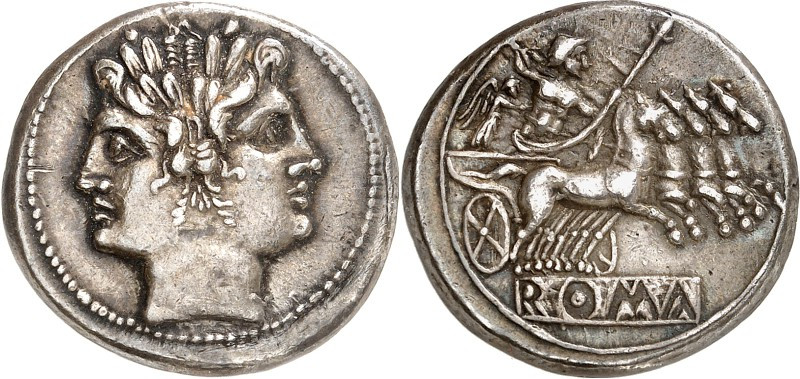 RÖMISCHE REPUBLIK : Silbermünzen. 
Anonym 227-208 v. Chr. Quadrigatus (Didrachm...