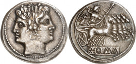 RÖMISCHE REPUBLIK : Silbermünzen. 
Anonym 227-208 v. Chr. Quadrigatus (Didrachmon) (225/212 v.Chr.) 6,63g, Rom. Doppelkopf der Dioskuren mit Lorbeerk...