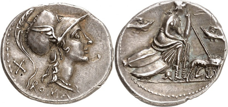 RÖMISCHE REPUBLIK : Silbermünzen. 
Anonym 115-114 v. Chr. Denar 3,94g. Romakopf...