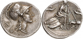 RÖMISCHE REPUBLIK : Silbermünzen. 
Anonym 115-114 v. Chr. Denar 3,94g. Romakopf n.r.; l. X; unten ROMA / Roma sitzt auf Schilden n.r.; vor ihr Lupa, ...