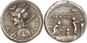 RÖMISCHE REPUBLIK : Silbermünzen. 
Publius Licinius Nerva 113-112 v. Chr. Denar 3,81g. Büste der Roma mit Helm, Mondsichel, Schild und Lanze in erhob...