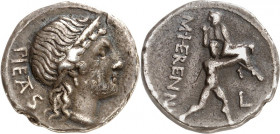RÖMISCHE REPUBLIK : Silbermünzen. 
Marcus Herennius 108-107 v. Chr. Denar (Charge 14) 3,56g. Kopf der Pietas mit Diadem n.r.; dahinter PIETAS (z.T. l...
