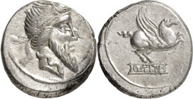 RÖMISCHE REPUBLIK : Silbermünzen. 
Quintus Titius 90 v. Chr. Denar 4,07g. Bärt. Götterkopf m. Flügeldiadem n.r. / Pegasusstatue auf Basis mit Q TITI ...