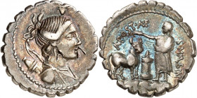 RÖMISCHE REPUBLIK : Silbermünzen. 
Aulus Postumius Auli filius Spurii nepos Albinus 81 v. Chr. Denar (serratus) 3,82g. Dianabüste n.r.; oben Bucraniu...