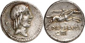 RÖMISCHE REPUBLIK : Silbermünzen.
Lucius Calpurnius Piso Frugi  90 v. Chr. Denar 4,00g. Kopf des Apollo mit Taenie n.l., dahinter Speer / Reiter jagt...
