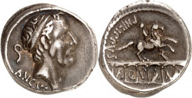 RÖMISCHE REPUBLIK : Silbermünzen. 
Lucius Marcius Philippus 56 v. Chr. Denar 3,87g. Ancus-Marciuskopf n.r.; l. Lituus ANCVS / PHILIPP-VS Reiterstatue...