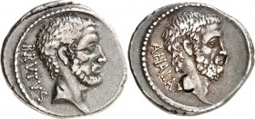 RÖMISCHE REPUBLIK : Silbermünzen. 
Quintus Caepio Brutus 54 v. Chr. Denar 3,70g. Kopf des Lucius Iunius Brutus n.r. BRVTVS&nbsp;/ AHALA Kopf des Gaiu...