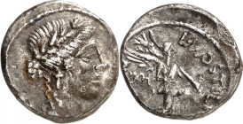 RÖMISCHE REPUBLIK : Silbermünzen. 
Lucius Hostilius Saserna 48 v. Chr. Denar 3,58g. Belorb. Kopf der Venus n. r. / L. HOSTILIVS SASERNA Viktoria eilt...
