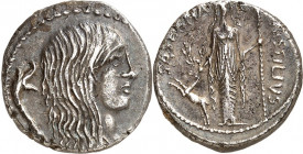RÖMISCHE REPUBLIK : Silbermünzen. 
Lucius Hostilius Saserna 48 v. Chr. Denar 3,92g. Kopf einer Gallierin n. r., dahinter Carnyx / L. HOSTILIVS SASERN...