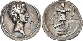 IMPERATORISCHE PRÄGUNGEN. 
"CAESAR" (der spätere Augustus) 44-27 v. Chr.(-14). Denar (29/27 v.Chr.) 3,70g, Brindisi/Rom. Kopf n.r. / IMP CAESAR Tropa...