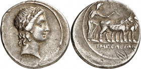 IMPERATORISCHE PRÄGUNGEN. 
"CAESAR" (der spätere Augustus) 44-27 v. Chr.(-14). Denar (29/27 v.Chr.) 3,50g, Brindisi / Rom. Apollokopf n.r. / "Caesar"...